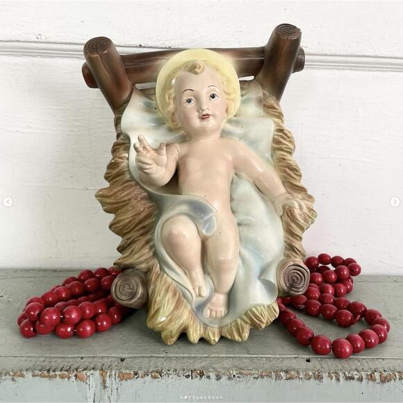 Vintage Baby Jesus Creche Statue Chippy Chalkware Nativity Figure XL REPAIRED - Picture 2 of 10